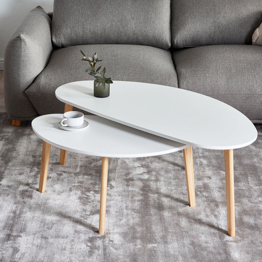 BrandName Small White MDF Coffee Tables Set Of 2 With Pine Wood Legs