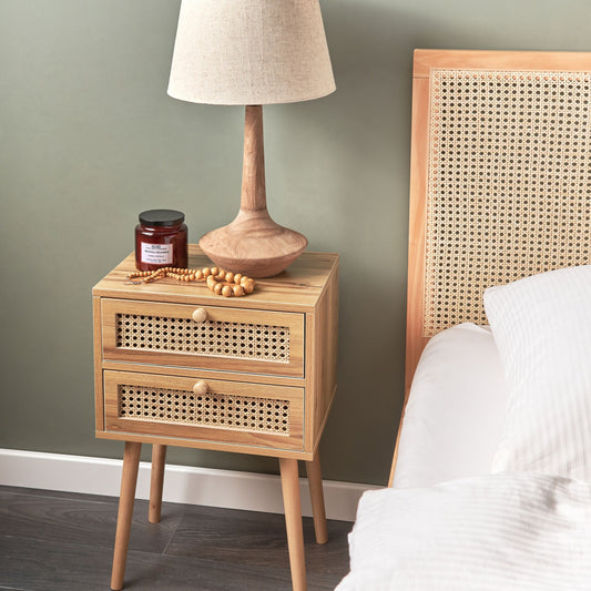 BohoNest Light Brown Bedside Table Rattan Front Viennese Braid