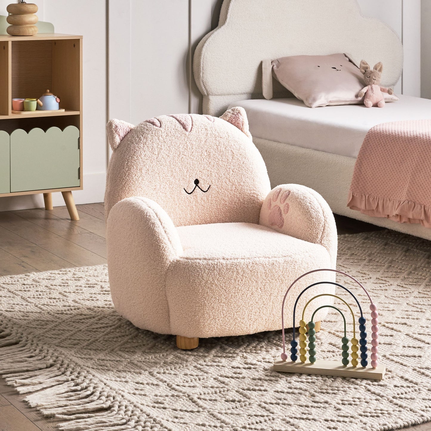 Cat Shaped Kids Armchair Off White Upholstery Low Chair For Toddlers Playtime