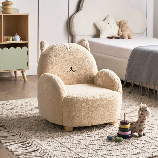 Cat Shaped Kids Armchair Beige Boucl? Upholstered Low Chair for Toddlers