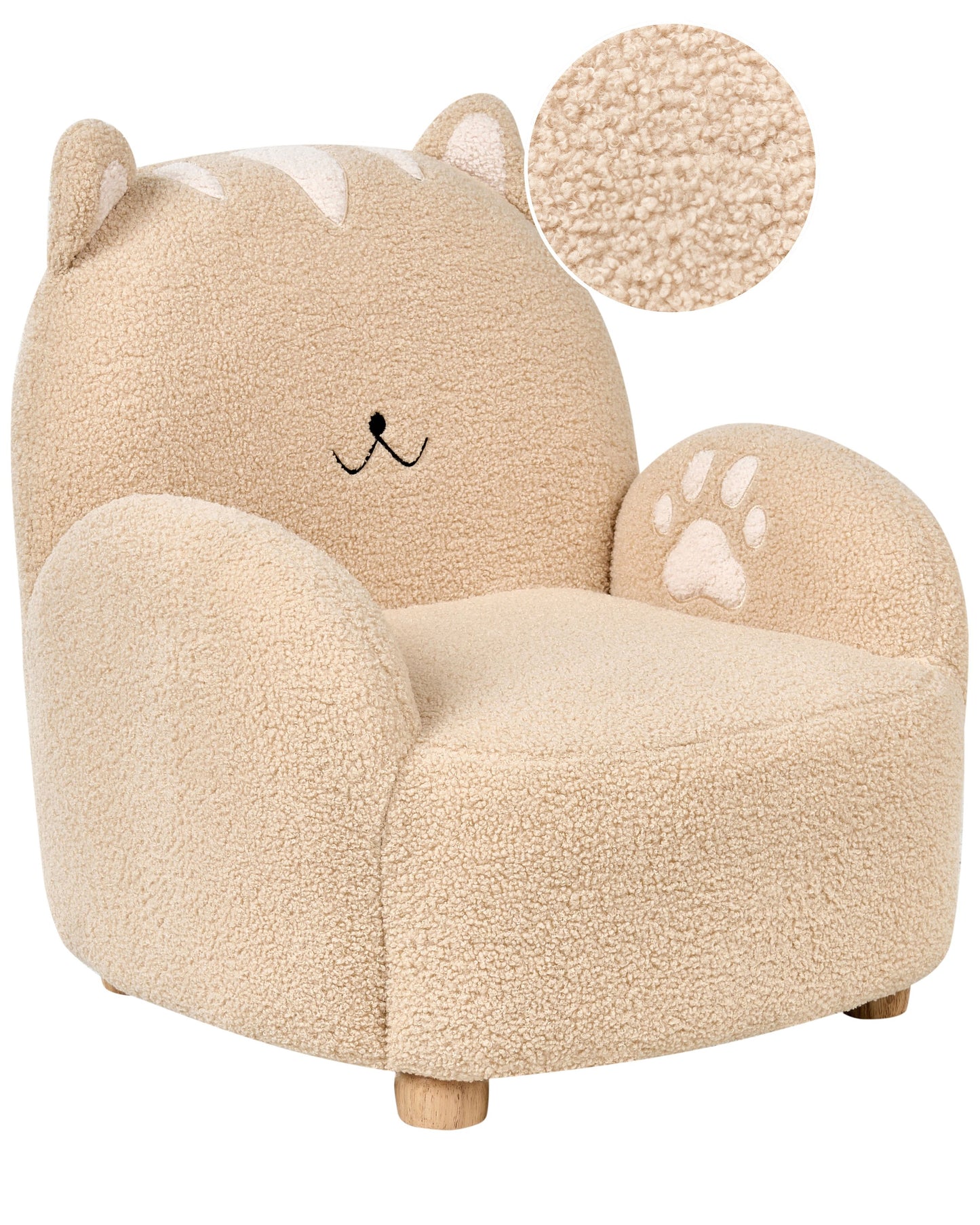 Cat Shaped Kids Armchair Beige Boucl? Upholstered Low Chair for Toddlers