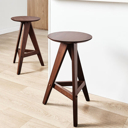 Set Of 2 Brown Rubber Wood Stools For Dining Room Kitchen With Retro Style