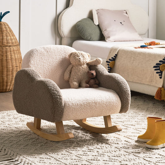 Kids Rocking Chair Beige Boucle With Cloud Armrests