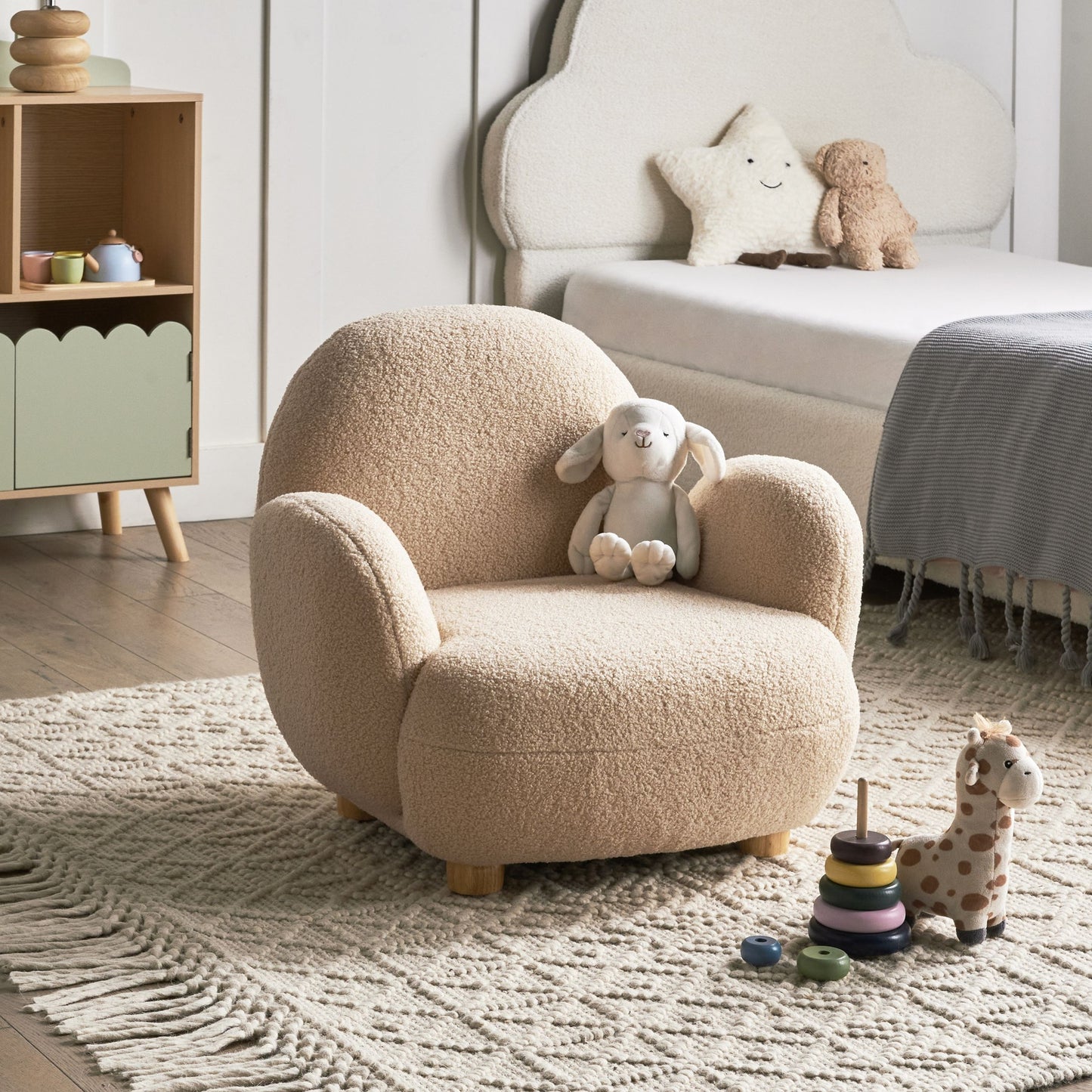Kids Armchair Beige Boucle With Wooden Legs