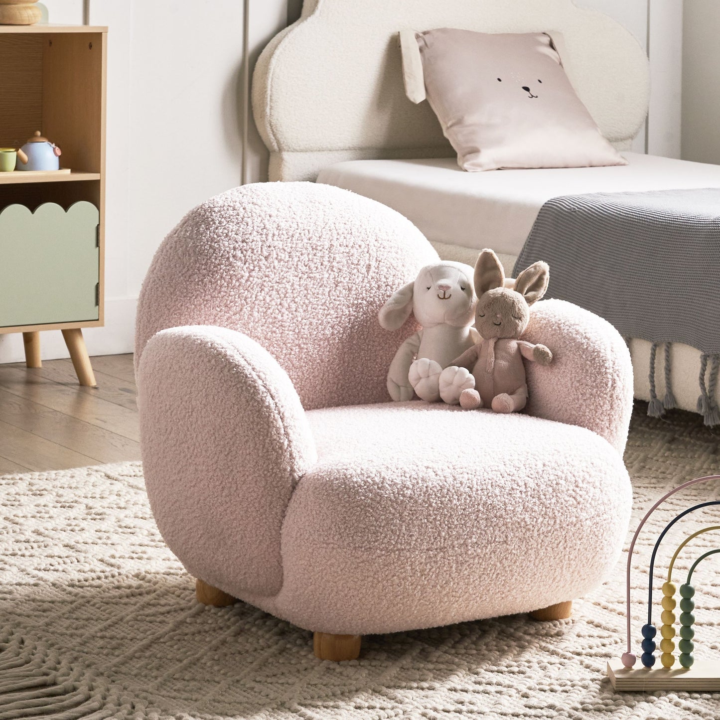 Kids Armchair Pastel Pink Boucle With Wooden Legs