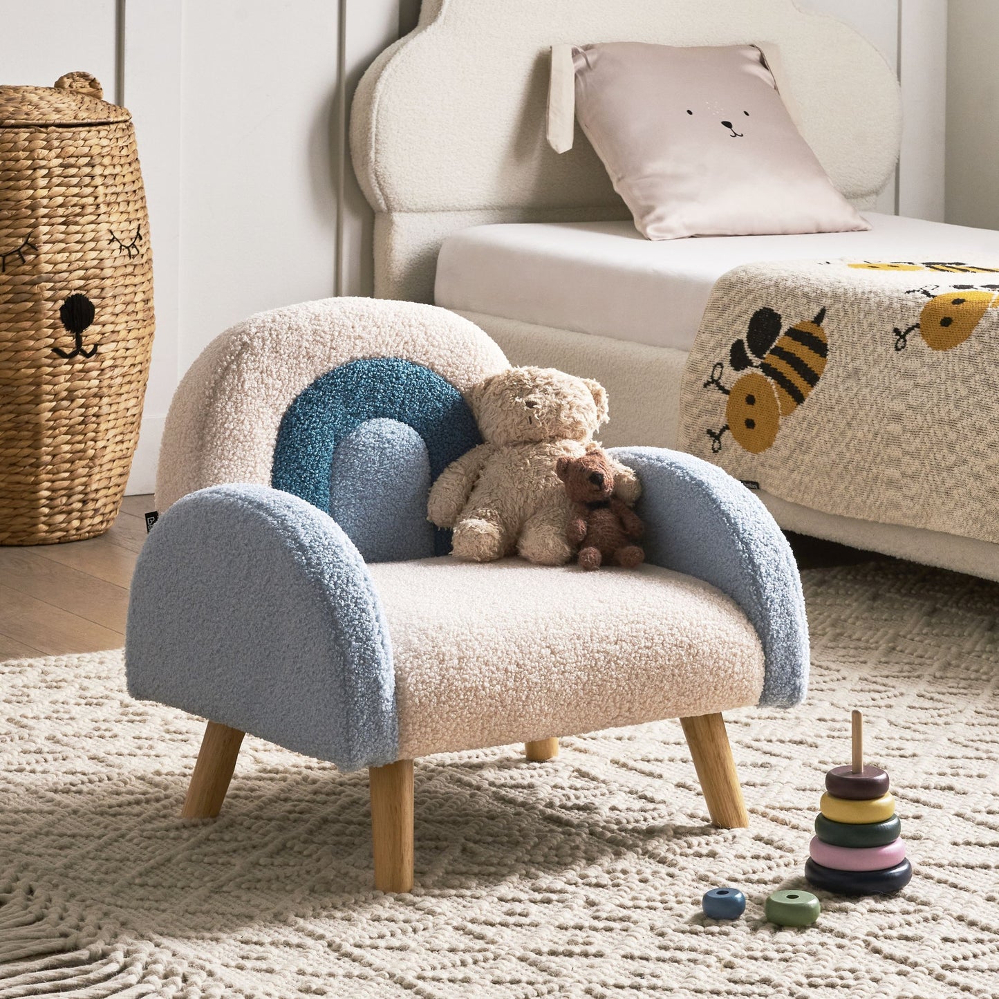 Kids Armchair Light Blue Boucle Upholstery and Wooden Legs