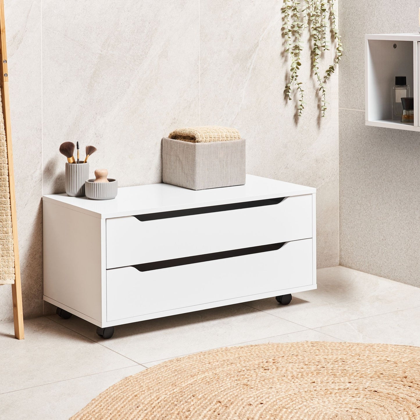 White MDP Bathroom Cabinet With 2 Drawers And Wheels