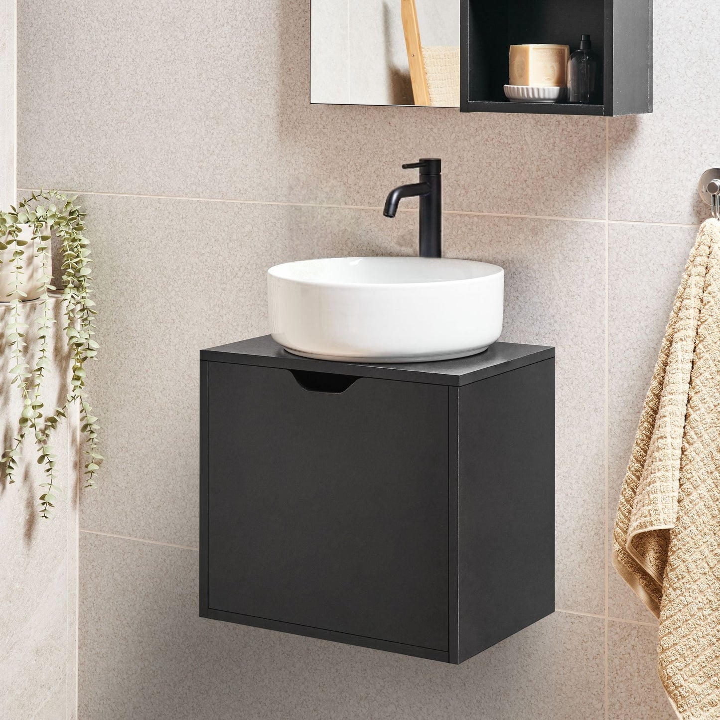 MDP Black Wall Mounted Bathroom Cabinet 44 x 40cm Door Pre Cut Hole