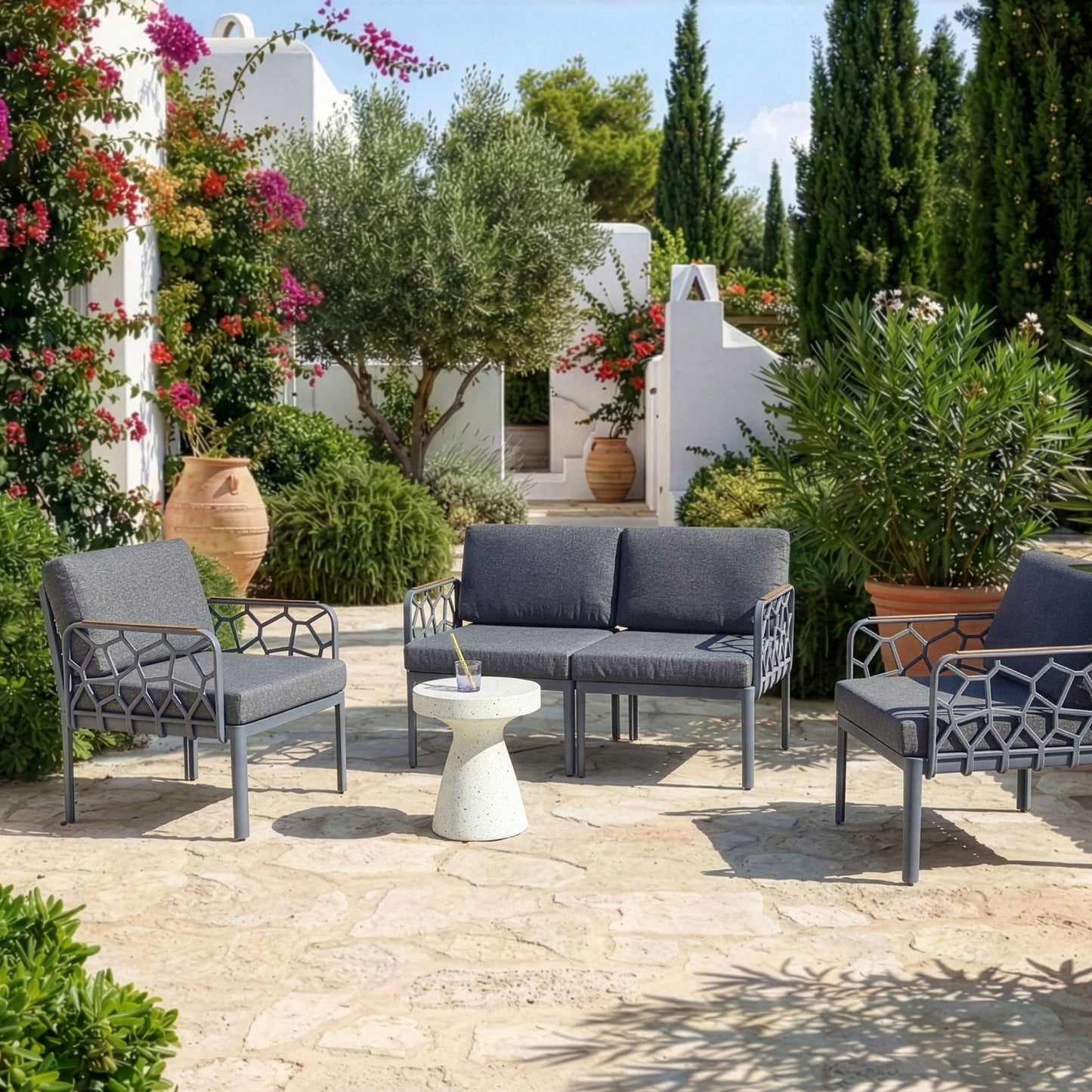 4 Seater Garden Sofa Set Dark Grey Synthetic Frame Cushioned