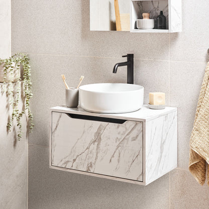 Wall Mounted White Particle Board Washbasin Cabinet With Marble Effect Finish And Pre Cut Holes