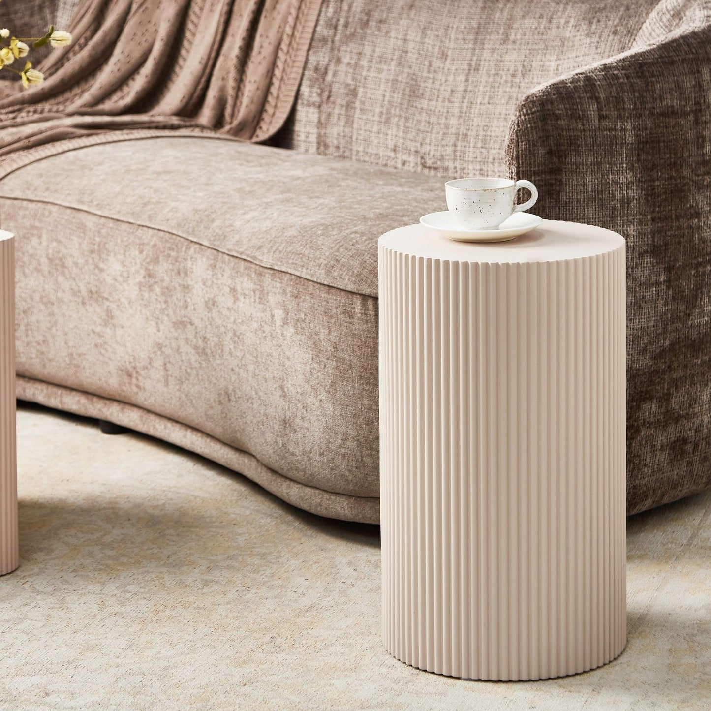 Fluted Off-White Side Table MDF Diameter 30 Cm Modern Living Room