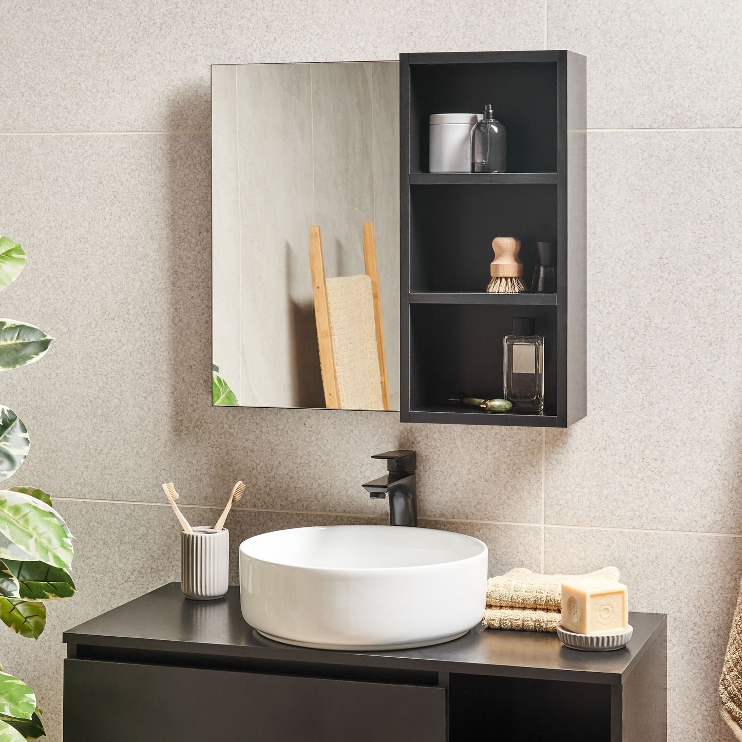 Bathroom Wall Cabinet With Mirror Shelves Black Melamine