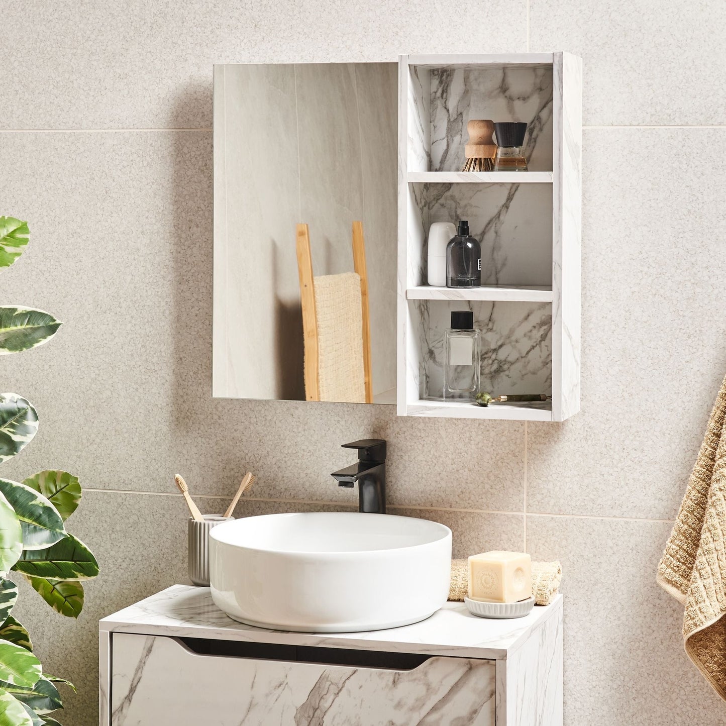 White Marble Effect Bathroom Wall Cabinet With Mirrored Cupboard