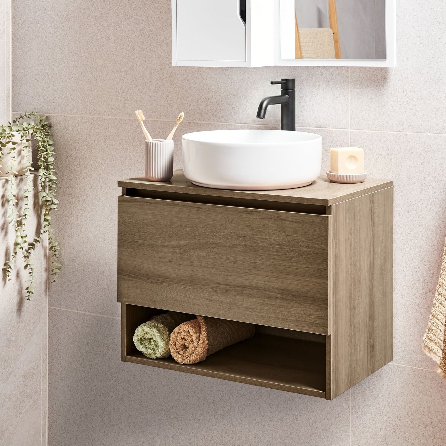Wall Mounted Bath Cabinet Light Brown Pre Cut Basin Holes