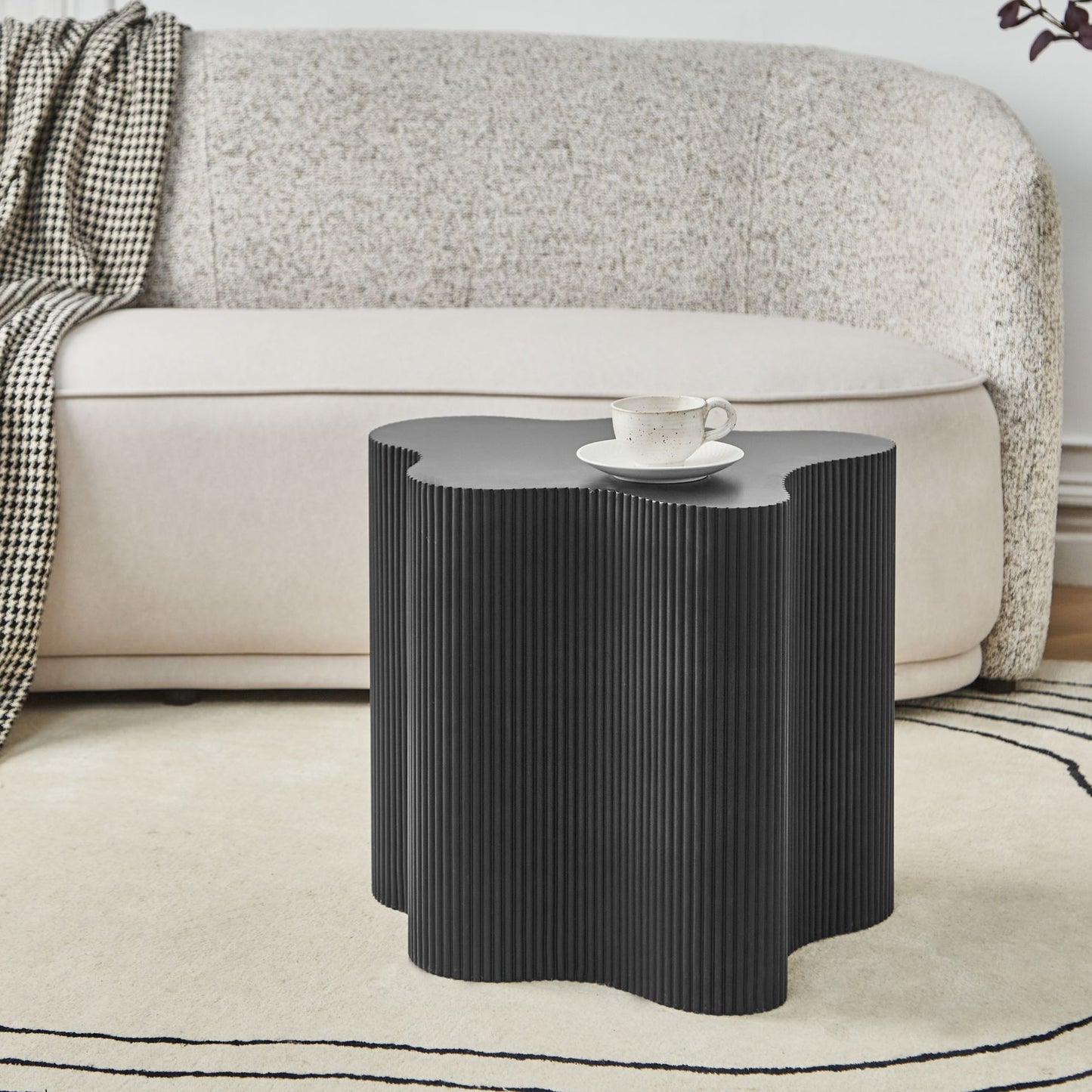 NovaCasa Side Table Black MDF Irregular Fluted Base 40x50cm