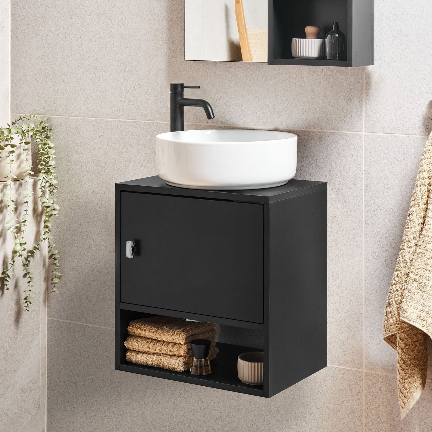 Black Wall Mounted Washbasin Cabinet Pre Cut Holes