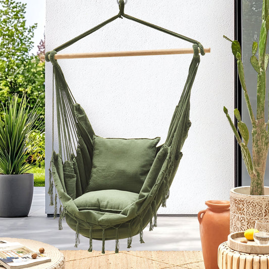 Hanging Hammock Chair Green Cotton and Polyester Swing for Indoor Outdoor Boho Style