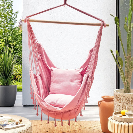 Hanging Hammock Chair Pink Cotton Polyester Indoor Outdoor