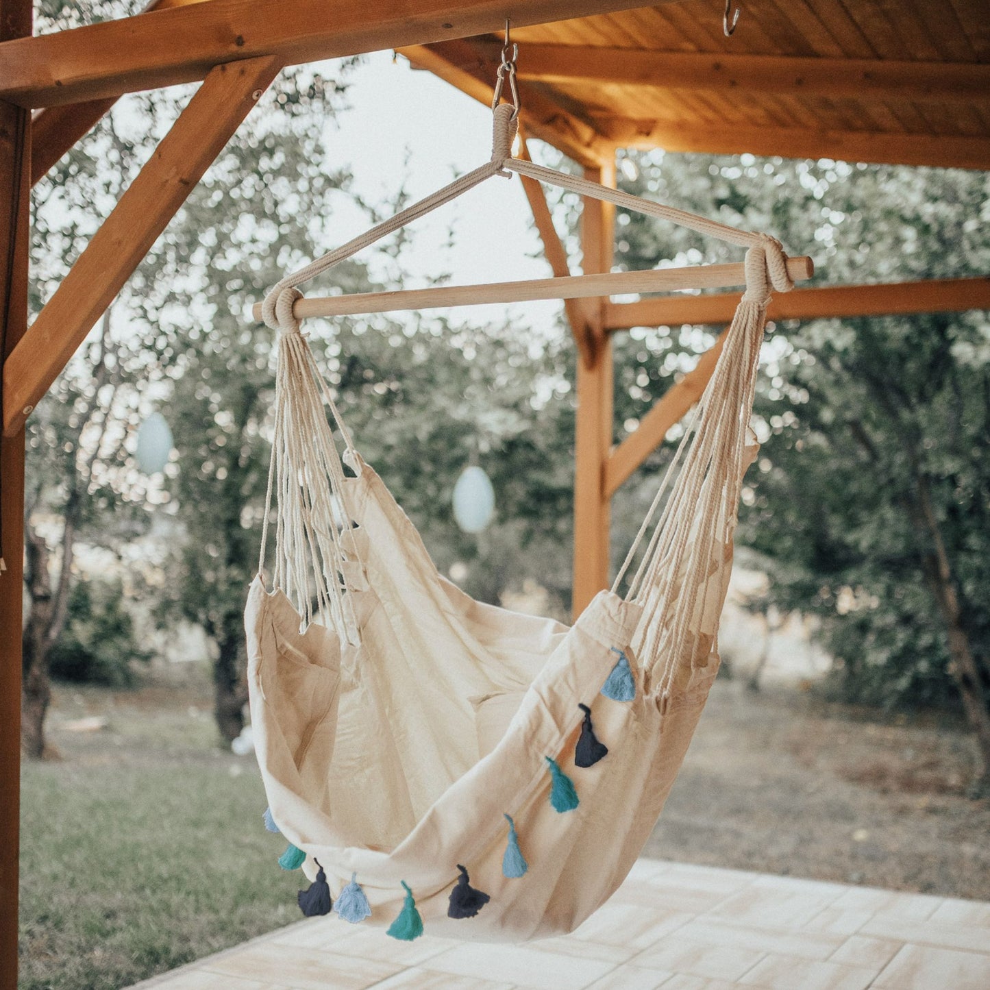 Hanging Hammock Chair Beige With Blue Cushioned Seat For Indoor Outdoor Boho Style
