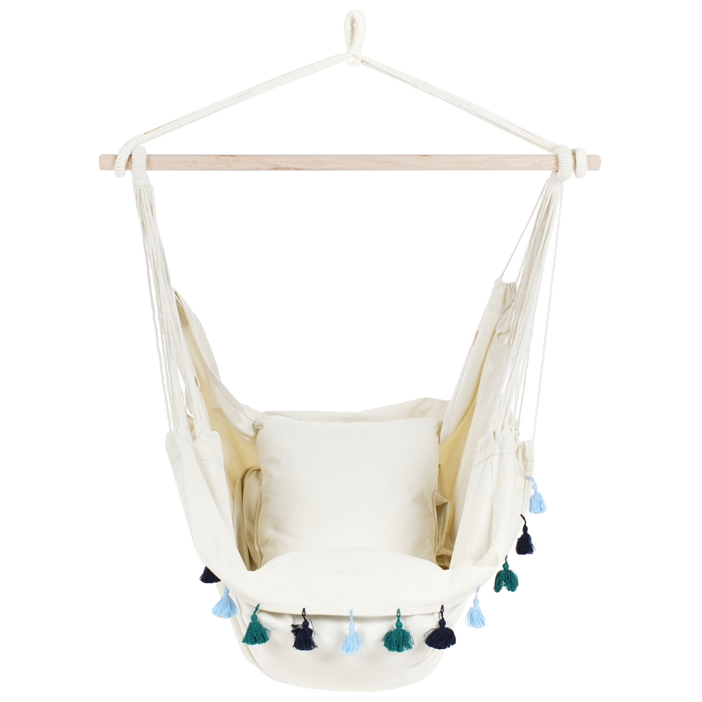 Hanging Hammock Chair Beige With Blue Cushioned Seat For Indoor Outdoor Boho Style
