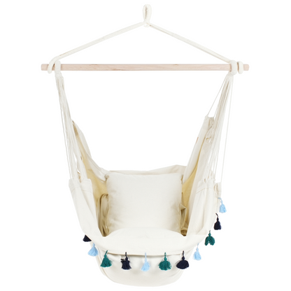 Hanging Hammock Chair Beige With Blue Cushioned Seat For Indoor Outdoor Boho Style