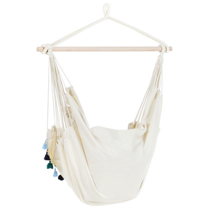 Hanging Hammock Chair Beige With Blue Cushioned Seat For Indoor Outdoor Boho Style