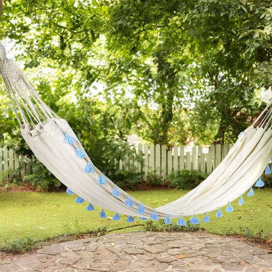 Serenity Hammocks Beige Garden Hammock With Light Blue Boho Accents