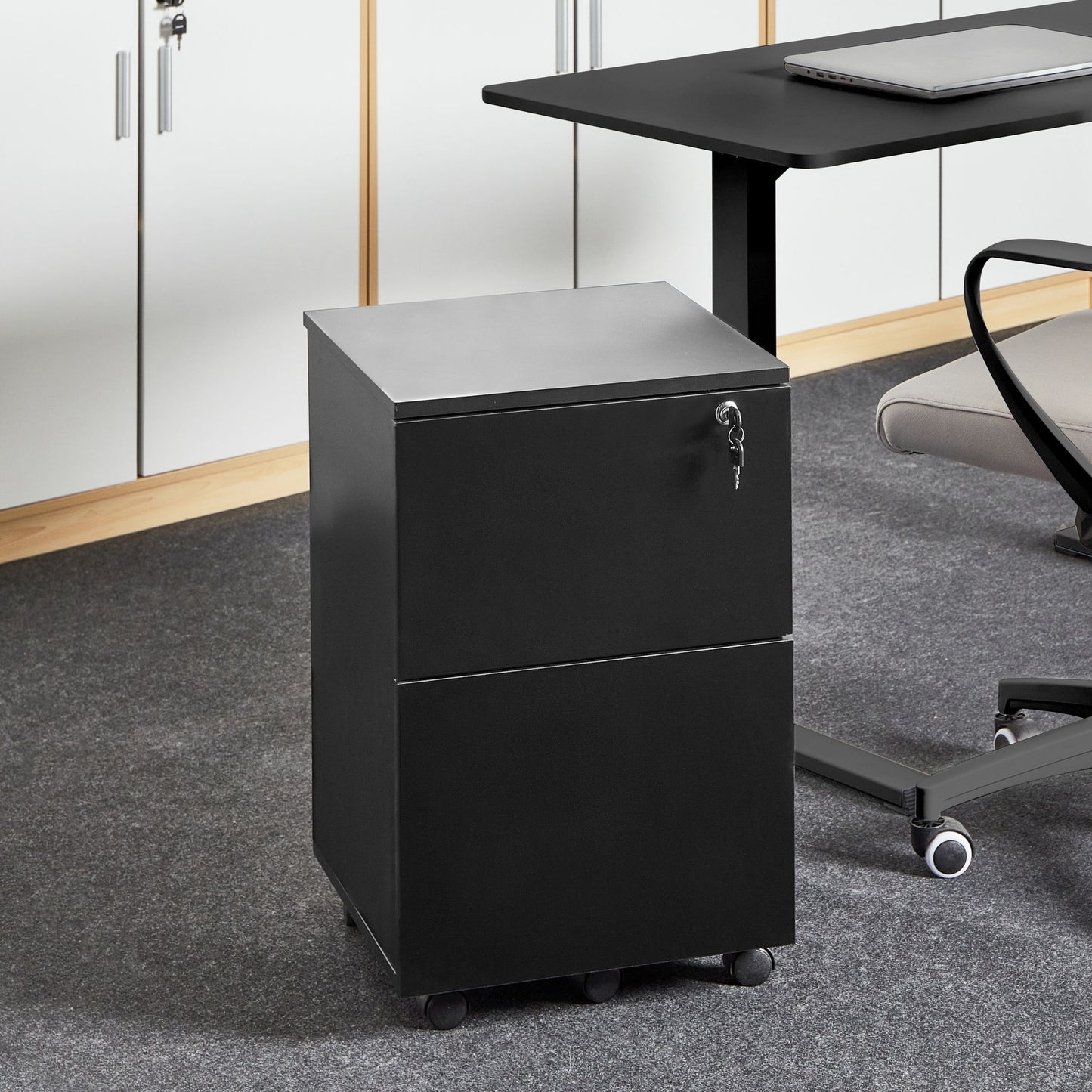 Studio Office Storage Unit Black Engineered Wood Castors Two Drawers Key Locked