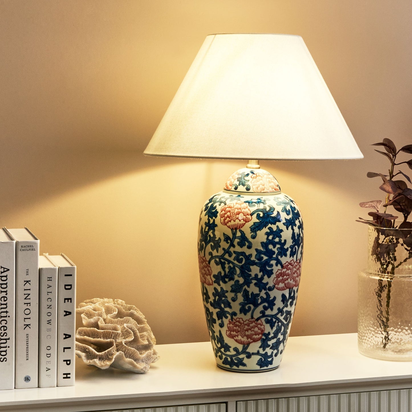 Table Lamp Porcelain Floral Base Linen Shade Blue White