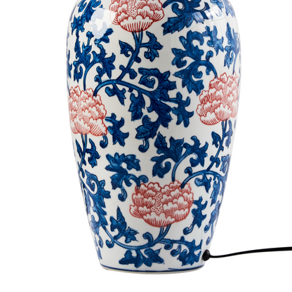Table Lamp Porcelain Floral Base Linen Shade Blue White