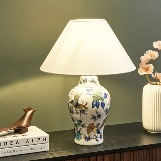 Table Lamp Porcelain Base With Floral Pattern Linen Bell Shade White Blue Elegant Lighting