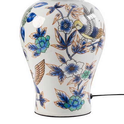 Table Lamp Porcelain Base With Floral Pattern Linen Bell Shade White Blue Elegant Lighting