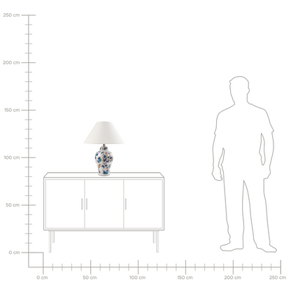 Table Lamp Porcelain Base With Floral Pattern Linen Bell Shade White Blue Elegant Lighting