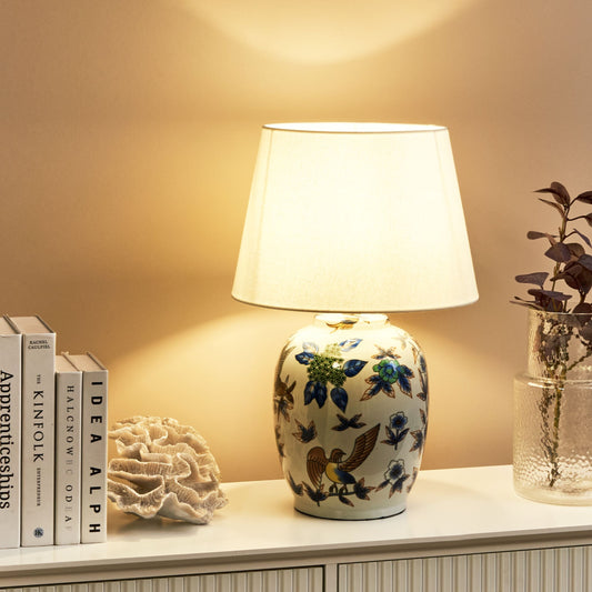 LuxeLine Table Lamp Blue Porcelain Base With Floral Pattern And Linen Drum Shade