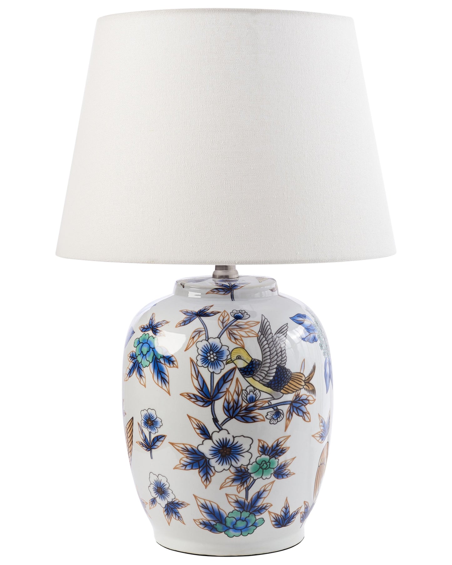 LuxeLine Table Lamp Blue Porcelain Base With Floral Pattern And Linen Drum Shade