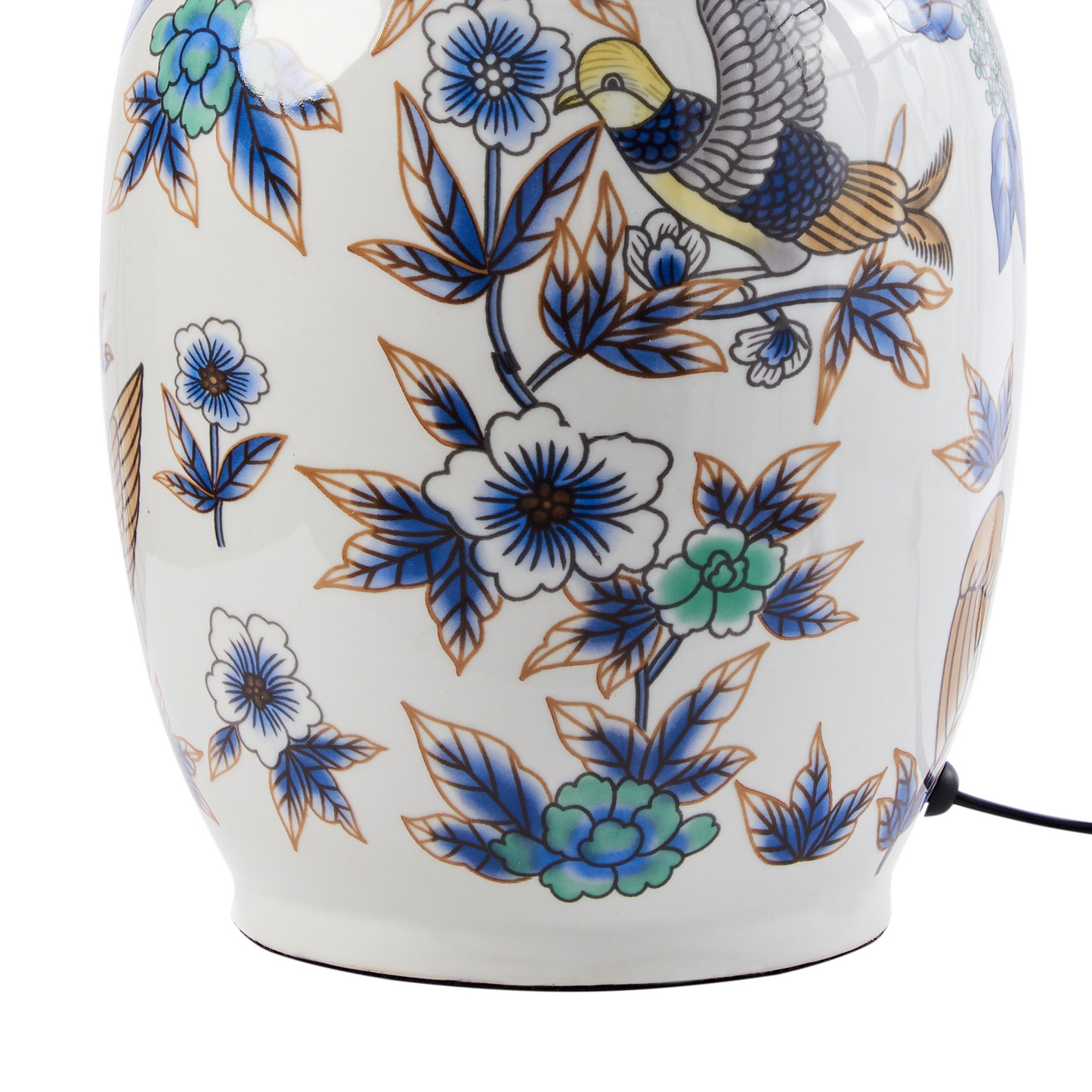 LuxeLine Table Lamp Blue Porcelain Base With Floral Pattern And Linen Drum Shade