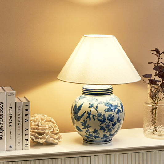 Table Lamp White Blue Porcelain Base Linen Shade Floral