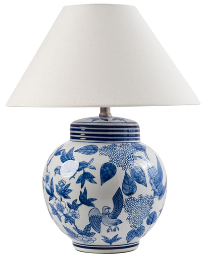 Table Lamp White Blue Porcelain Base Linen Shade Floral