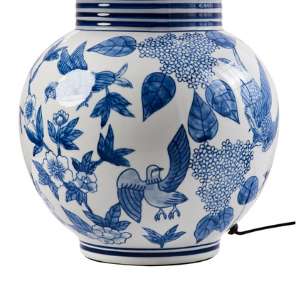 Table Lamp White Blue Porcelain Base Linen Shade Floral