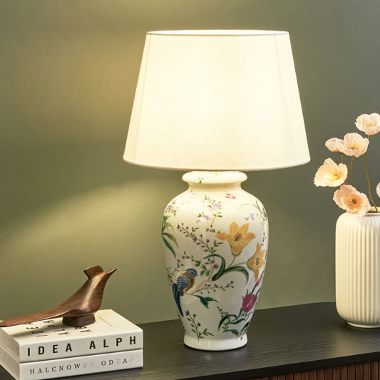 Floral Table Lamp White Porcelain Base Linen Drum Shade