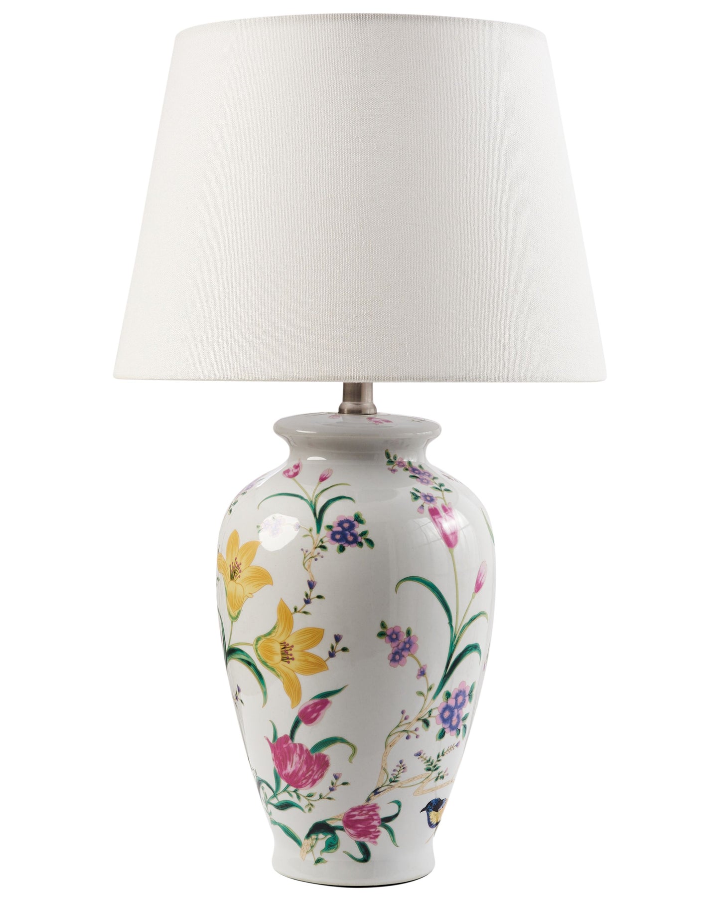 Floral Table Lamp White Porcelain Base Linen Drum Shade