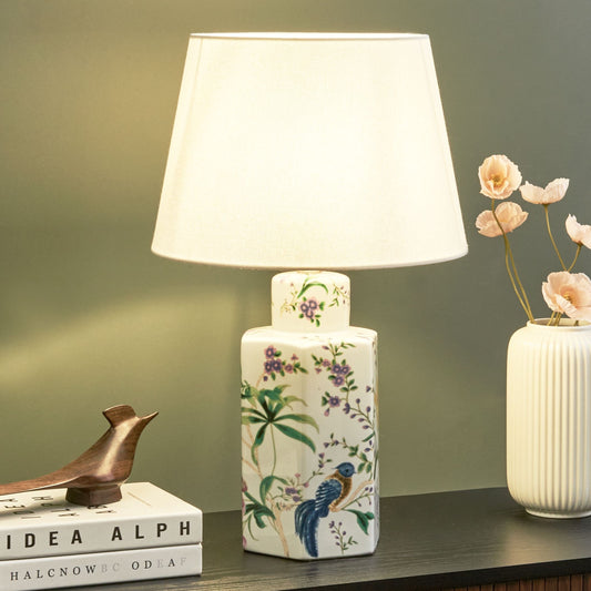 White Porcelain Table Lamp With Linen Drum Shade Floral