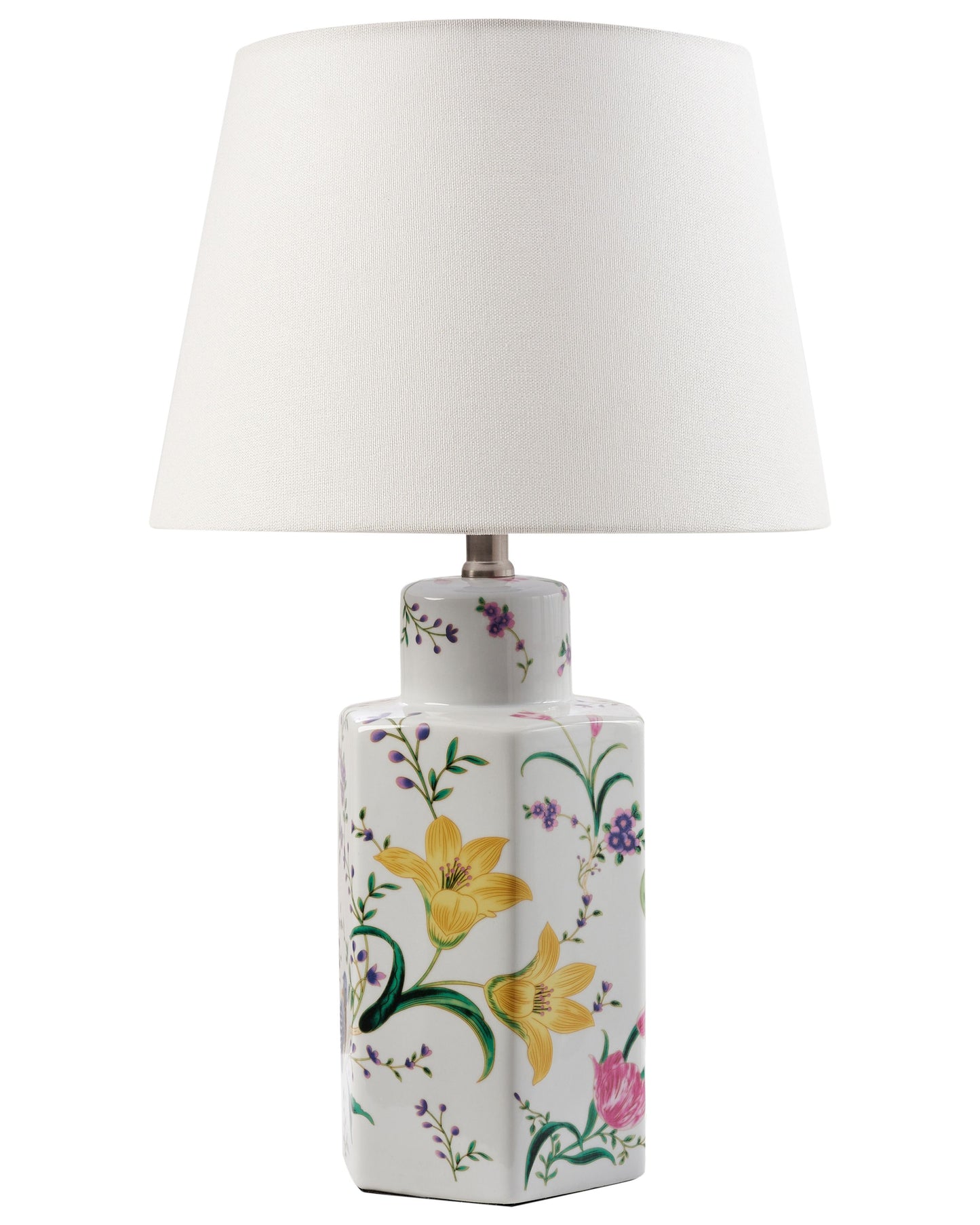 White Porcelain Table Lamp With Linen Drum Shade Floral