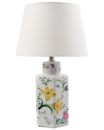 White Porcelain Table Lamp With Linen Drum Shade Floral