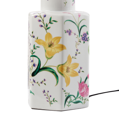 White Porcelain Table Lamp With Linen Drum Shade Floral