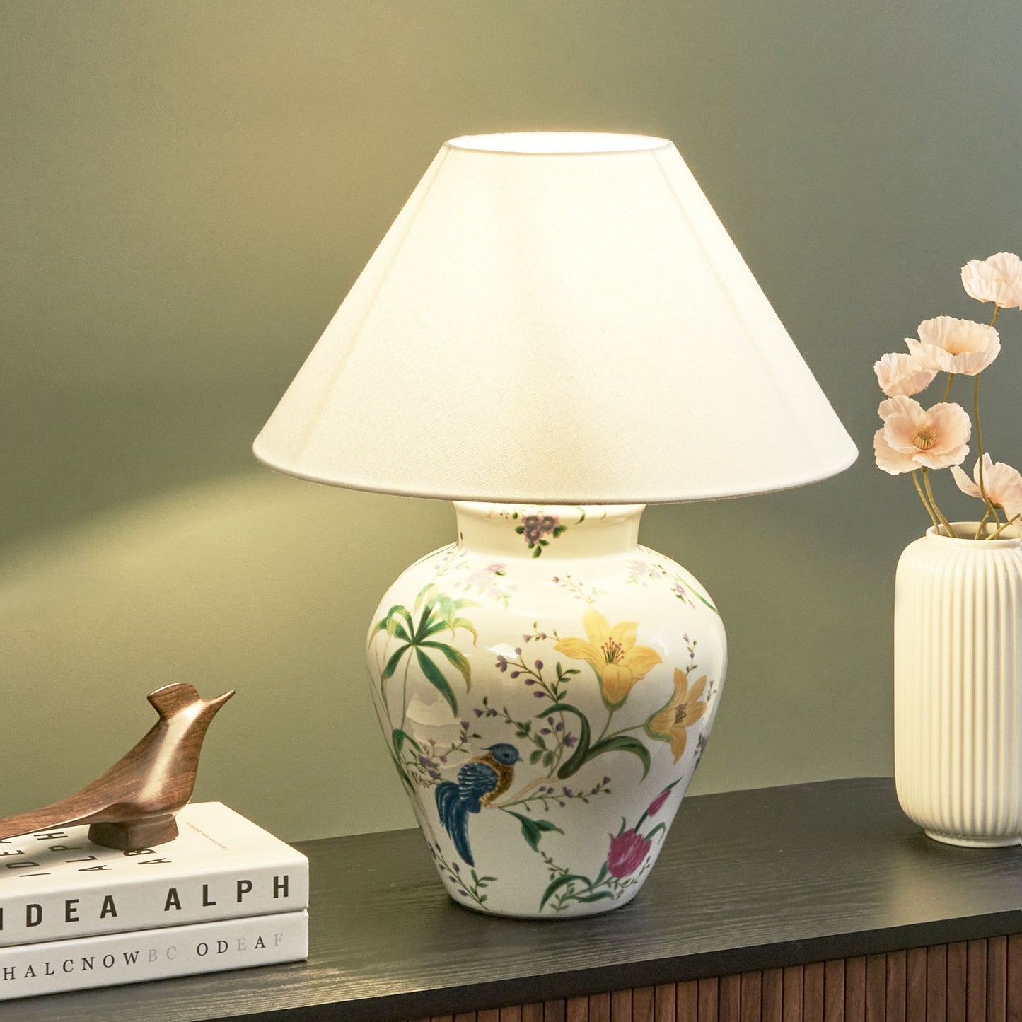 Home Floral Porcelain Base Table Lamp With Linen Shade