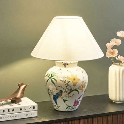 Home Floral Porcelain Base Table Lamp With Linen Shade