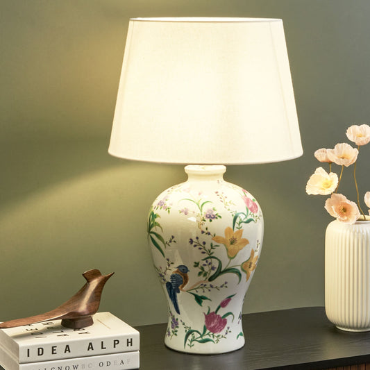 Table Lamp Porcelain Base Linen Drum Shade Floral Pattern