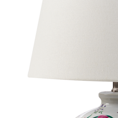 Table Lamp Porcelain Base Linen Drum Shade Floral Pattern