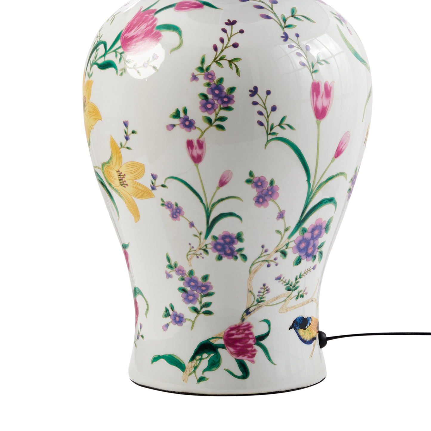 Table Lamp Porcelain Base Linen Drum Shade Floral Pattern